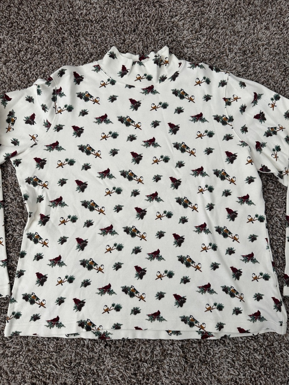 Croft & Barrow White Mock Neck Long Sleeve Top with Holiday Cardinal Bird Print